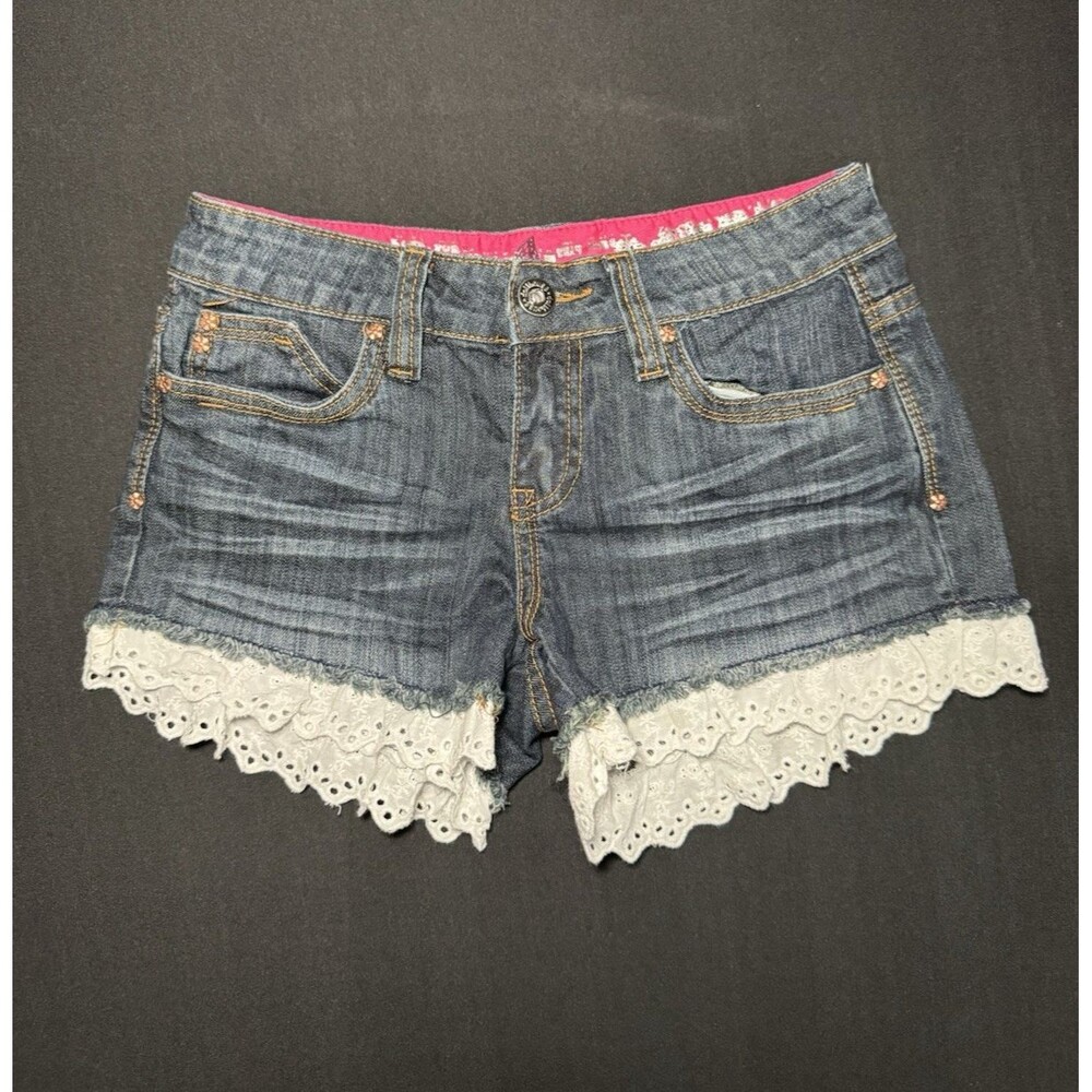 Dollhouse Y2K Denim Shorts Lace Trim Low Rise Coquette Festival Boho - Picture 1 of 8